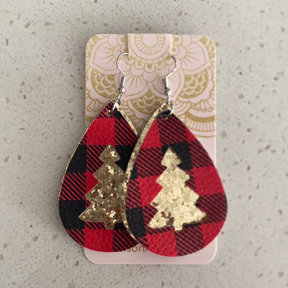 Red and Black Plaid Tree Earrings Tear Drop Style